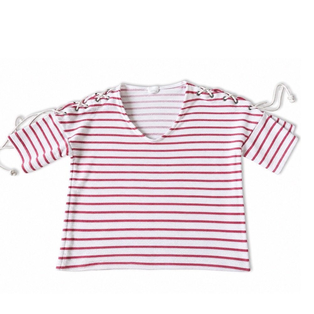 Jane and Delancey Red White Striped Lace Up Shoulder V-Neck Top Large